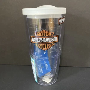 Vaso Tervis 24 OZ Harley Davidson parche negro naranja tapa blanca taza caliente/frío - Imagen 1 de 6