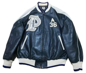 POST O'ALLS Rare USA Made Domestic Cowhide Leather Varsity Jacket M Black White - Picture 1 of 12