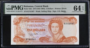 1974 (ND 1984) Bahamas 5 Dollar Schein P. 45b PMG 64 EPQ - Bild 1 von 2