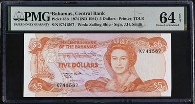 1974 (ND 1984) Bahamas 5 Dollar Note P. 45b  PMG 64 EPQ - Image 1 of 2