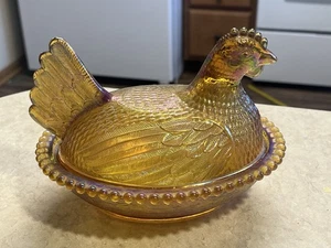 Iridescent Glass Chicken Hen on Nest Candy Dish Covered Amber Carnival Glass - Picture 1 of 11