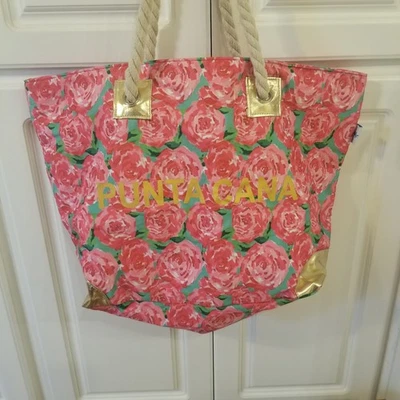 Тканевая пляжная сумка-тоут Fapa Punta Cana с большими цветочными ручками из розового золота и веревки для круиза - Изображение 1 из 4