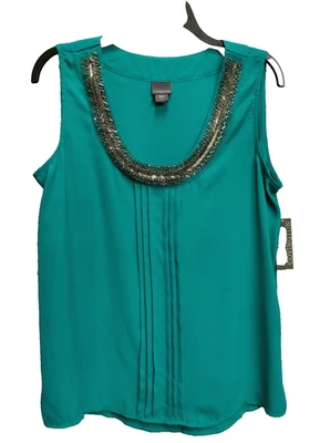 L COVINGTON TEAL CREPE CHIFFON PINTUCKED SILVER BEADED TANK SHELL SLEEVELESS TOP Foto 1 de 4
