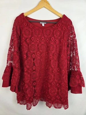 Blusa Camisa Charter Club Mujer Top Talla XXL Roja Encaje Acampanada Transparente Manga Larga Foto 1 de 4