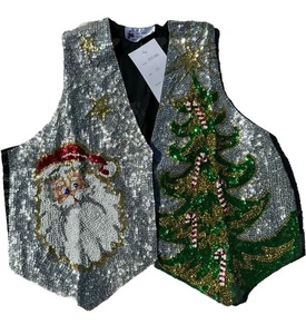 Vintage JC 001 USA Sequin Christmas Vest Holiday Party Sparkly Trees /santa XXL - Picture 1 of 7