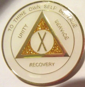 White Gold SPARKLE Alcoholics Anonymous 10 Year AA Medallion Coin Token Chip - Picture 1 of 10