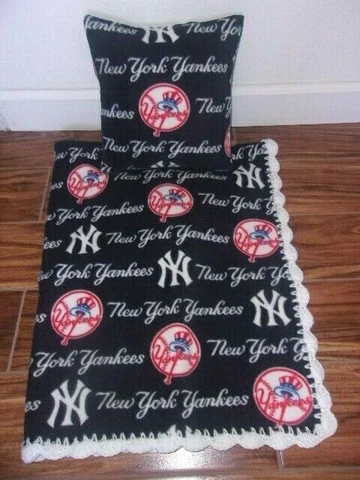 NY YANKEES MLB BABY-TODDLER BLANKET FLEECE CROCHET SCALLOPED EDGE + PILLOW  CASE Cover