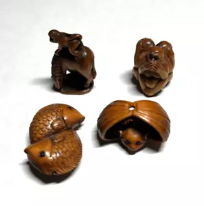 4 Netsukes Horse & Monkey, Bat, 2 Koi Fish, "See No Evil" Monkeys Boxwood Carved - Picture 1 of 8