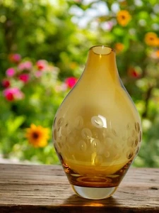Crate and Barrel Krosno Amber Glass Vase with Etched Bubbles Poland 10.5 in - Picture 1 of 12