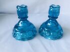 Vintage LE Smith Moon & Stars Aqua Blue Pair of Candle Holders Candlesticks 4.5”