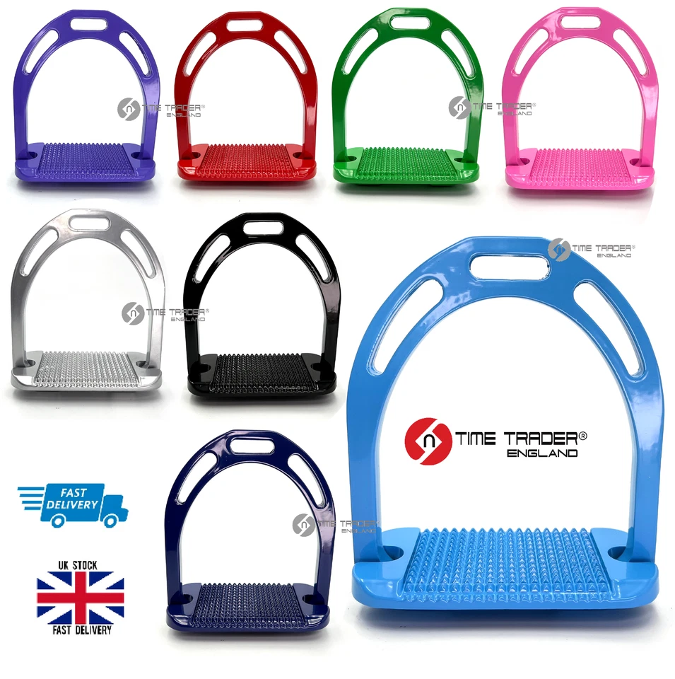 ON TIME TRADER ENGLAND® Aluminium Dschinn Steigbügel Paar robuste Pulverbeschichtung Farbe 8 Farben 4,75" UK Lager
