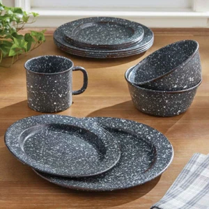 Esmalte de granito gris moteado aspecto vintage vajilla plato tazón taza parque - Imagen 1 de 17
