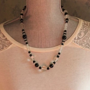 Vintage Art Deco Jet Black and Clear Beaded Glass Necklace - Picture 1 of 6