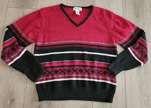 VNTG Cabin Creek Pullover Sweater Women's L Red Black White Stripe V-Neck 90's - Picture 1 of 13