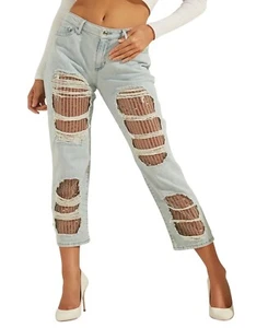 Guess High-Rise Straight Leg Sequin Denim Jeans In Dazzle Wash - Picture 1 of 13