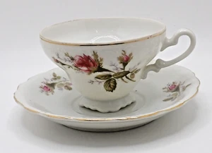 Vintage Teetasse mit Fuß & gewelltem Rand Untertasse Set rote Moosrosen & Goldrand Japan - Bild 1 von 12