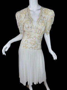 Vintage 80's Lace Beaded Drop Waist Chiffon Gown Dress Open Back Deep V Neck - Picture 1 of 7