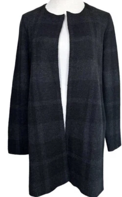 2X NWT EILEEN FISHER Black Merino Wool Plaid Round Neck Long Jacket Coat - Image 1 of 4