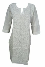 Boho Gypsy Hippy White Cotton Tunic Floral Embroidered Cover up Kurti Dress S/M