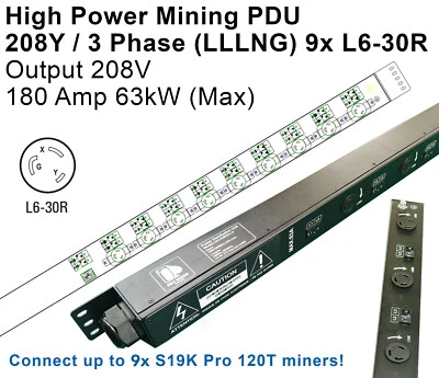 208V WYE 3P High Power PDU - 9x L6-30R 180A 45kW Breakers 208V Output For Mining - Image 1 of 4