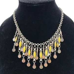 Boho Dangle Statement Necklace Yellow Navettes Silver Tone Rolo Double Link 19" - Picture 1 of 4