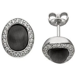 Ohrstecker Mondstein-Imitation schwarz mit Wölbung oval 44 Zirkonia 925 Silber - Picture 1 of 1