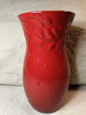Crate & Barrel Embossed Red Berry Leaf Ceramic Vase Made In Portugal - Image 1 of 4