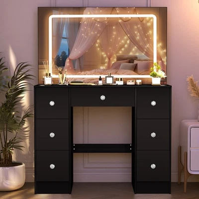Tocador de 7 cajones con espejo de maquillaje grande tocador negro para dormitorio Foto 1 de 4