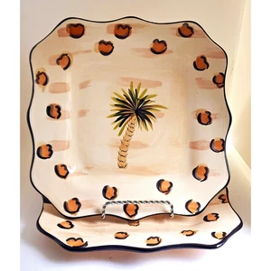 PLATES/DINNER-TABLETOPS GALLERY-"Jungle"-Cream Brown-Palm Tree-Wavy Edge-Set 2 - Picture 1 of 9