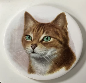 Vintage Tabby Cat Kitten Face Trivet Green Eyed 6" Circle Ceramic Cork Backing - Picture 1 of 6