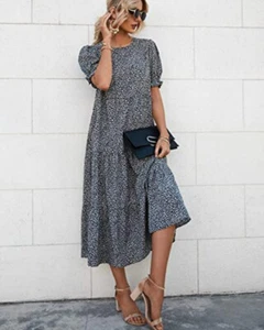 Summer Boho Dress Floral Ruffle Puff Sleeve High Waist Midi Women's Beach Dress - Picture 1 of 12