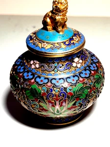 Miniatur Imperial Cloisonne Champleve Emaille Lotus Glas Foo Hund Endstück Deckel 50er - Bild 1 von 10