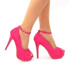 LADIES SEXY LACE EMBELLISHED PLATFORM HIGH HEEL ANKLE STRAPS PEEP TOE SHOES