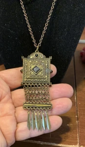 Fringed Amulet Silvered Antique Chain Mail Long Necklace Lobster Clasp - Picture 1 of 3