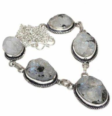 Grezzo Fuoco Bianco Pietra Lunare Arcobaleno Opale 925 Argento 19 " Collana # - Immagine 1 di 4