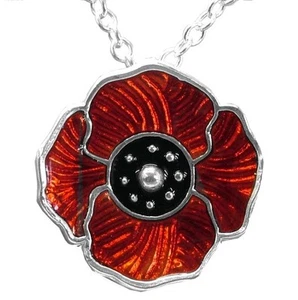 STERLING SILVER LARGE ENAMELLED POPPY PENDANT & CHAIN - Picture 1 of 8