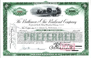 Certificado de stock - Baltimore and Ohio Railroad B&O - 100 acciones preferidas 1951 - Imagen 1 de 2
