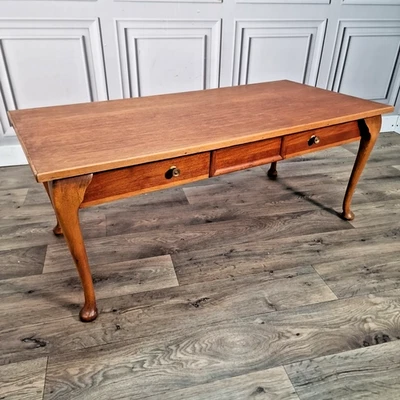 Vintage Wooden Coffee Table With Drawer – Queen Anne Legs – Oak Wood Retro Side - image 1 of 4