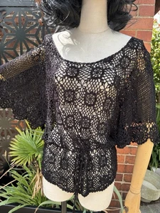 Vintage Thick Black Crochet ? Lace Blouse - Picture 1 of 5