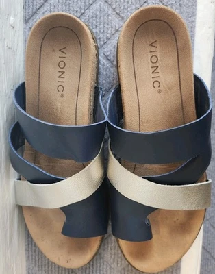 Sandalia Ortopédica Vionic Luelle Talla 9 Metálica PLATA Azul Marino MUY GUC Foto 1 de 4