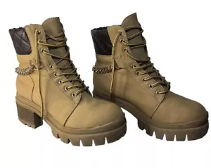 Juicy Couture Josie Combat Boots Wheat Brown Womens Size 7 1/2 Lace Up Chain - Picture 1 of 12