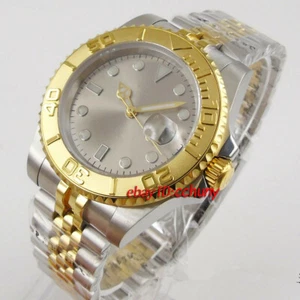 40mm Sapphire glass gray dial gold strap steel Bezel Automatic Men Watch Date - Picture 1 of 5