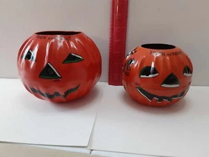 2 Different Old Vintage Halloween Tin Jack O Lanterns U.S. Metal Toy Co. 1950's - Picture 1 of 12