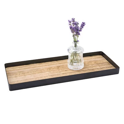 Metall Tablett mit Holz Boden 45 cm - schwarz - Advent Deko Brett Kerzen Teller - Bild 1 von 4