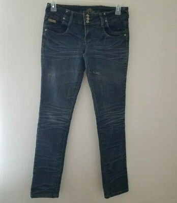 Pantalones de mezclilla para mujer Almost Famous talla 9 tiro bajo triple botón lavado oscuro desgastados Foto 1 de 4