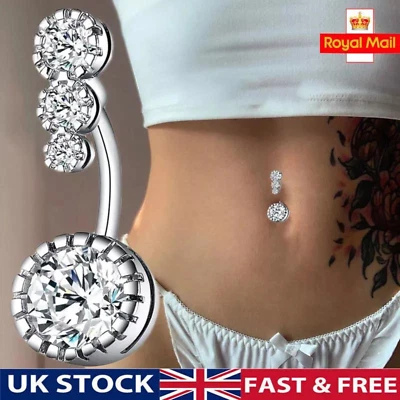 Belly Bars Navel Rings CZ Triple Crystal Gem Body Piercing Jewellery Button Bar - Image 1 of 4