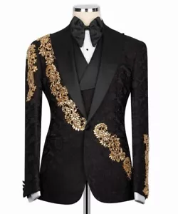 Luxury Jacquard Men Wedding Groom Tuxedo with Crystal Blazer Vest Pants 3pcs New - Picture 1 of 16