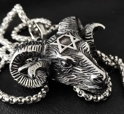 Widder Kopf David Stern Tier Anhänger Edelstahl Halskette Totenkopf Biker K94B - Bild 1 von 4