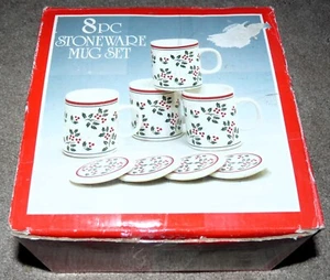 VINTAGE WOOLWORTH STONEWARE MUG SET (HOLLY BERRY - 8 PIECE) - Picture 1 of 12