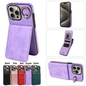 For iPhone 16E 15 14 13 12 11 XR 7 Magnetic Leather Ring Stand Card Wallet Case - Picture 1 of 27